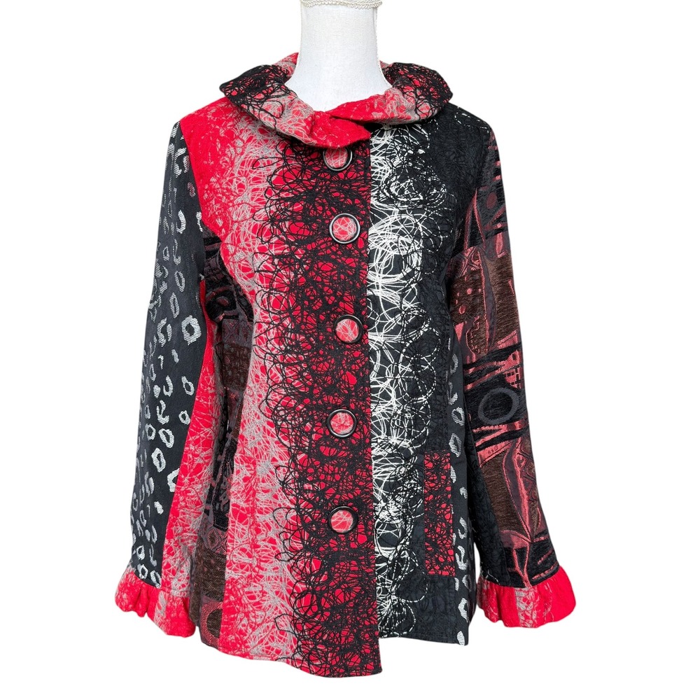 Desigual Artistic Mixed Media Silk Blend Patchwork Jacket Red Black Women L